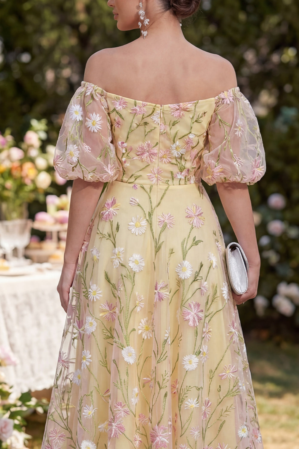 Puff Sleeves Floral Ruched Light Yellow A Line Maxi Wedding Guest Dress