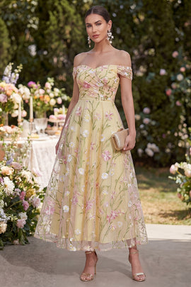 Ruched Off the Shoulder Floral Light Yellow A Line Maxi Wedding Guest Dress