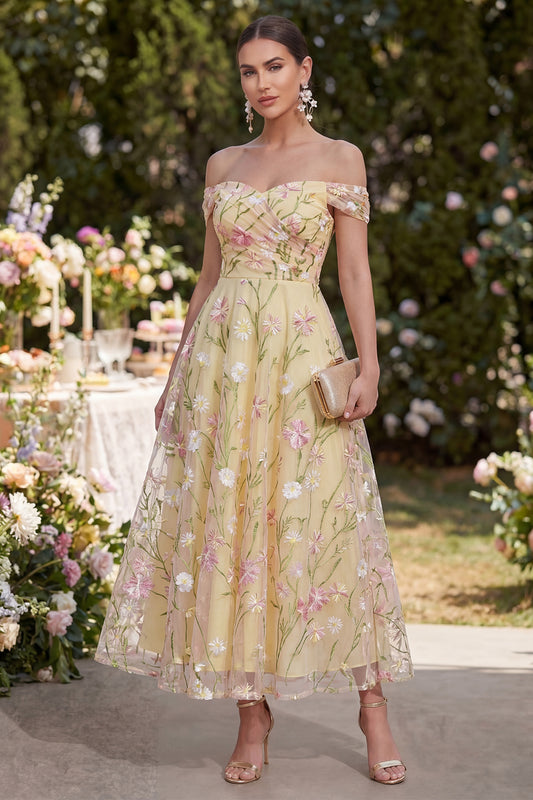 Ruched Off the Shoulder Floral Light Yellow A Line Maxi Wedding Guest Dress