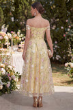 Ruched Off the Shoulder Floral Light Yellow A Line Maxi Wedding Guest Dress