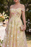 Ruched Off the Shoulder Floral Light Yellow A Line Maxi Wedding Guest Dress