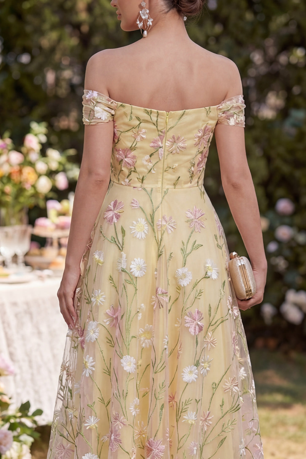 Ruched Off the Shoulder Floral Light Yellow A Line Maxi Wedding Guest Dress