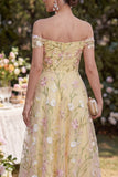 Ruched Off the Shoulder Floral Light Yellow A Line Maxi Wedding Guest Dress