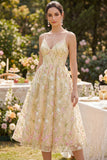 Corset Spaghetti Straps Floral Light Yellow A Line Midi Wedding Guest Dress