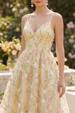 Corset Spaghetti Straps Floral Light Yellow A Line Midi Wedding Guest Dress