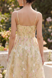 Corset Spaghetti Straps Floral Light Yellow A Line Midi Wedding Guest Dress