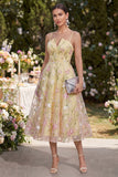 Floral Light Yellow Corset Spaghetti Straps A Line Maxi Wedding Guest Dress