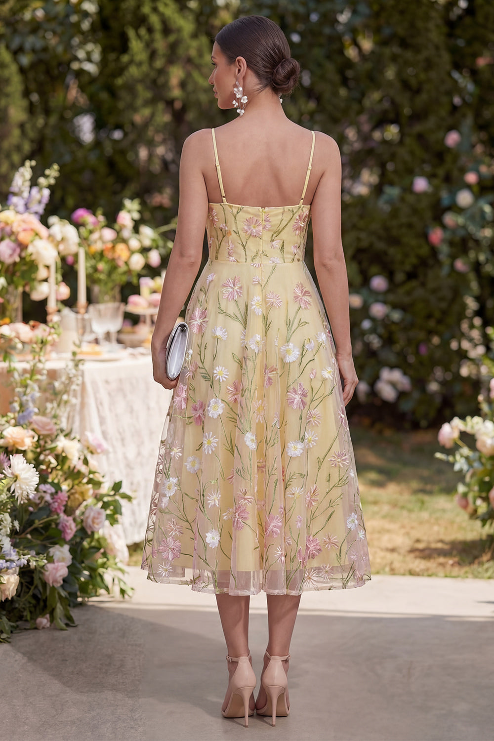 Floral Light Yellow Corset Spaghetti Straps A Line Maxi Wedding Guest Dress