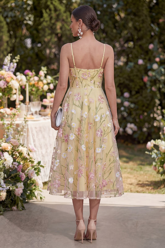 Floral Light Yellow Corset Spaghetti Straps A Line Maxi Wedding Guest Dress