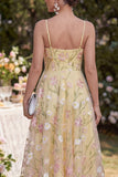 Floral Light Yellow Corset Spaghetti Straps A Line Maxi Wedding Guest Dress