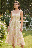 Square Neck Floral Light Yellow A Line Maxi Wedding Guest Dress