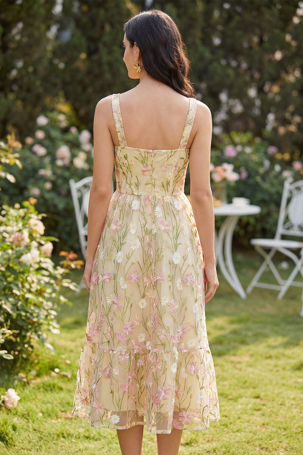 Square Neck Floral Light Yellow A Line Maxi Wedding Guest Dress