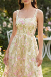 Square Neck Floral Light Yellow A Line Maxi Wedding Guest Dress