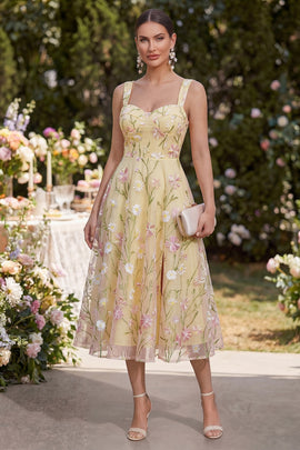 Thick Straps Floral Light Yellow A Line Maxi Wedding Guest Dress