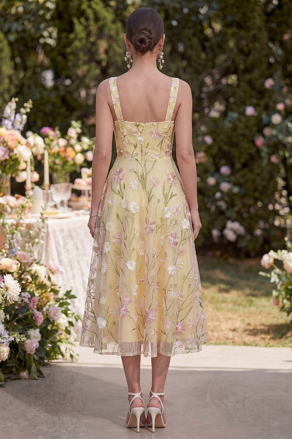 Thick Straps Floral Light Yellow A Line Maxi Wedding Guest Dress