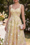 Thick Straps Floral Light Yellow A Line Maxi Wedding Guest Dress