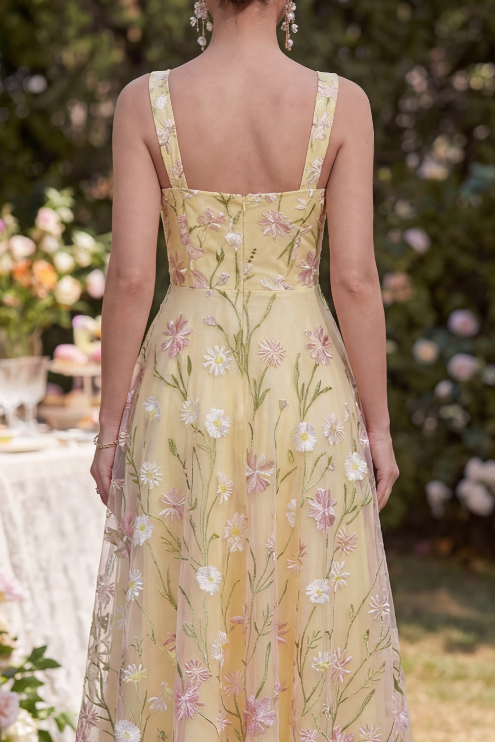 Thick Straps Floral Light Yellow A Line Maxi Wedding Guest Dress