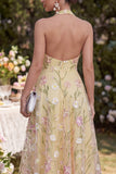Halter Backless Floral Light Yellow A Line Maxi Wedding Guest Dress
