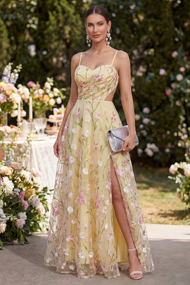 Ruched Floral Light Yellow A Line Cut Out Maxi Wedding Guest Dress with Slit
