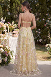 Ruched Floral Light Yellow A Line Cut Out Maxi Wedding Guest Dress with Slit