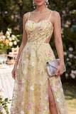 Ruched Floral Light Yellow A Line Cut Out Maxi Wedding Guest Dress with Slit