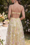 Ruched Floral Light Yellow A Line Cut Out Maxi Wedding Guest Dress with Slit