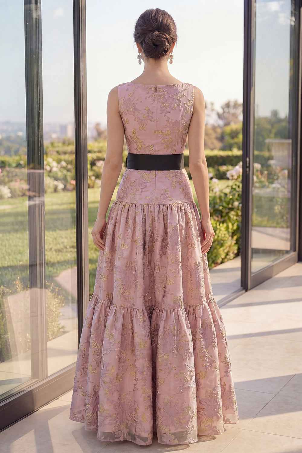 Boat Neck A Line Blush Jacquard Long Wedding Guest Dress with Bow