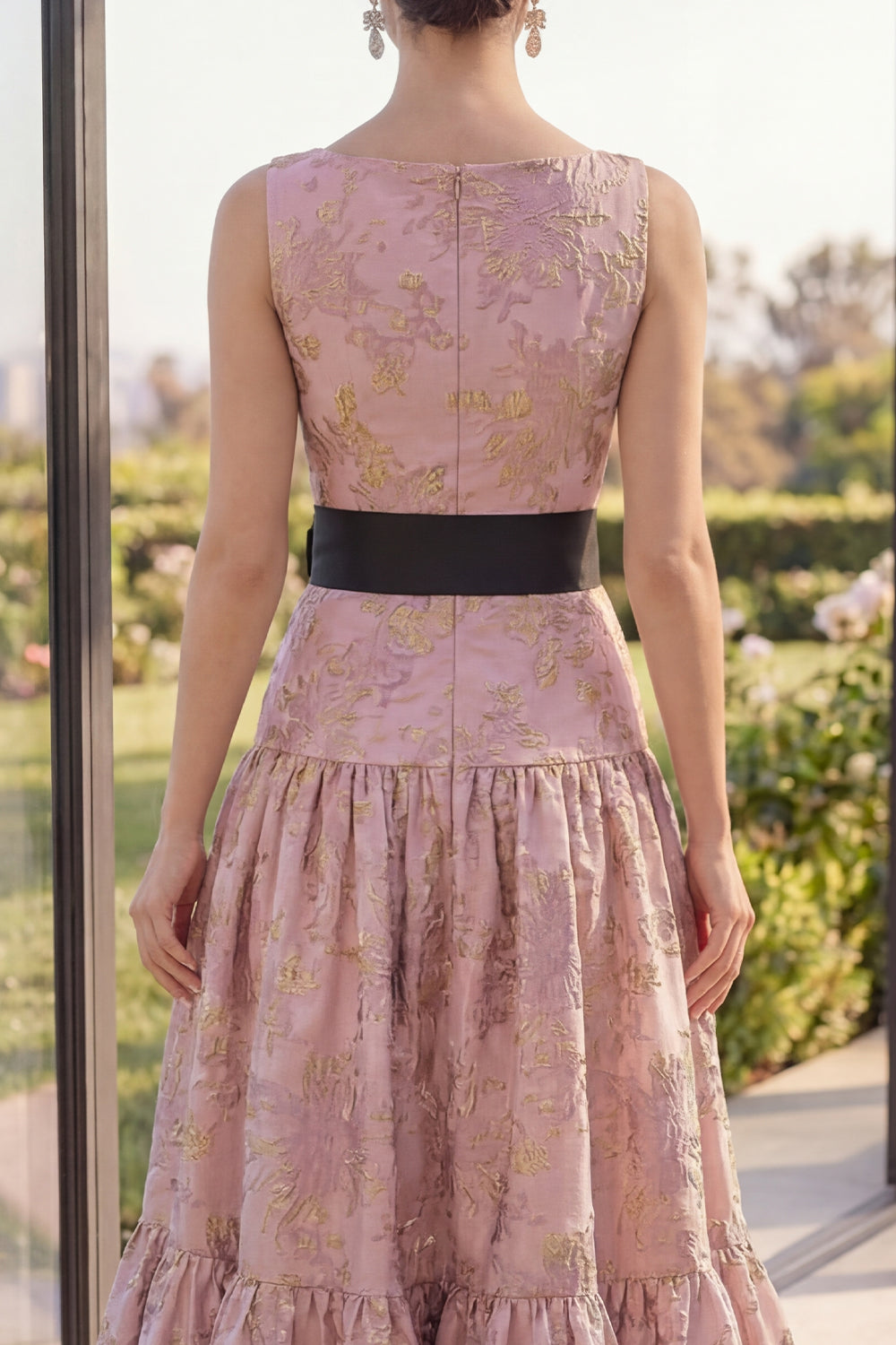 Boat Neck A Line Blush Jacquard Long Wedding Guest Dress with Bow