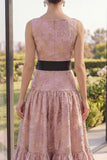 Boat Neck A Line Blush Jacquard Long Wedding Guest Dress with Bow