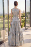 Boat Neck A Line Blush Jacquard Long Wedding Guest Dress with Bow