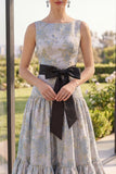 Boat Neck A Line Blush Jacquard Long Wedding Guest Dress with Bow