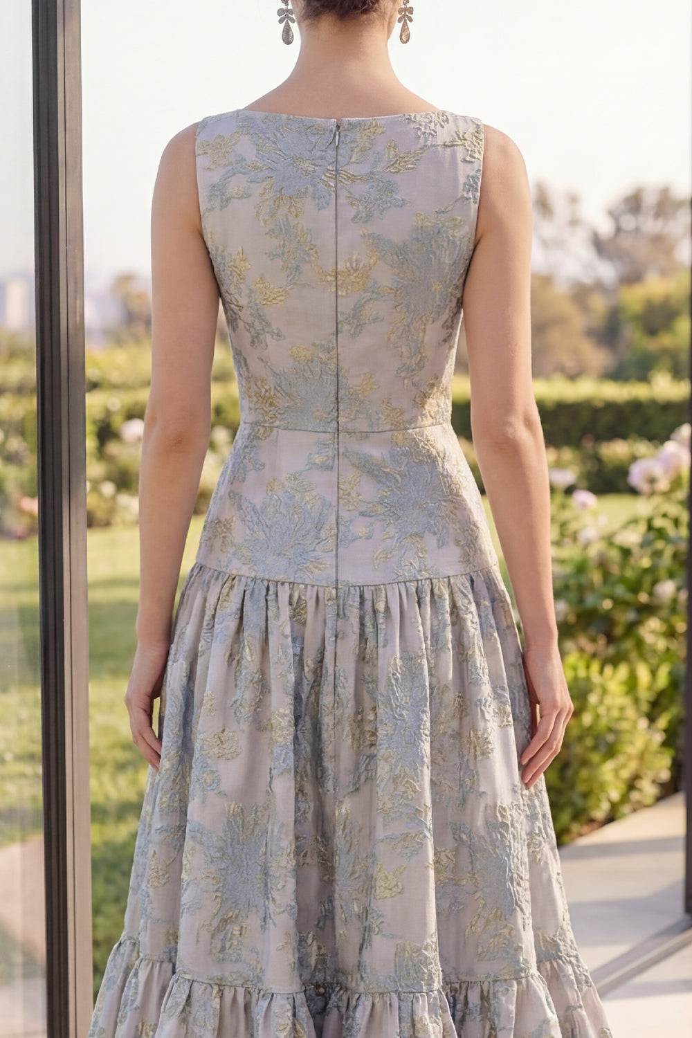 Boat Neck A Line Blush Jacquard Long Wedding Guest Dress with Bow
