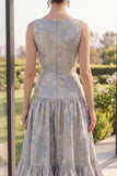 Boat Neck A Line Blush Jacquard Long Wedding Guest Dress with Bow