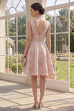 V-Neck A Line Blush Jacquard Short Floral Wedding Guest Dress