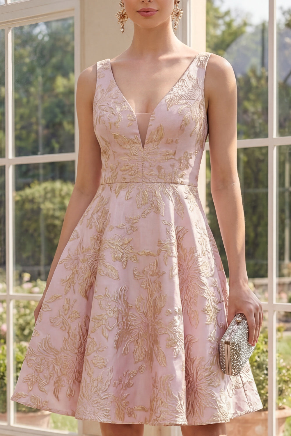 V-Neck A Line Blush Jacquard Short Floral Wedding Guest Dress