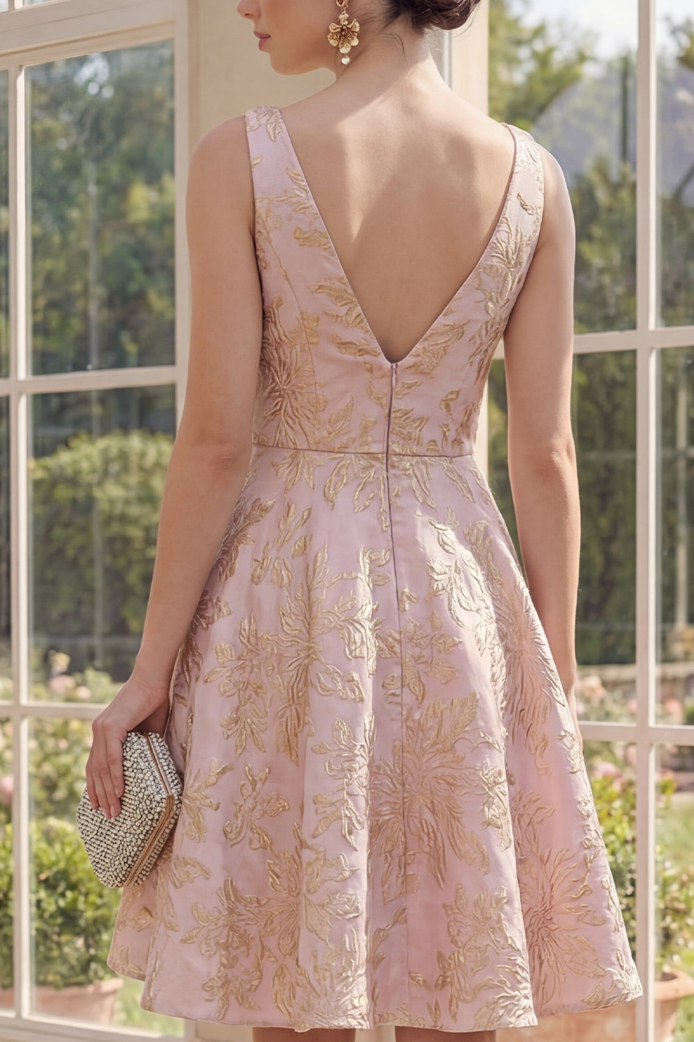 V-Neck A Line Blush Jacquard Short Floral Wedding Guest Dress