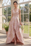 V-Neck Ruched High Low A Line Blush Jacquard Floral Wedding Guest Dress