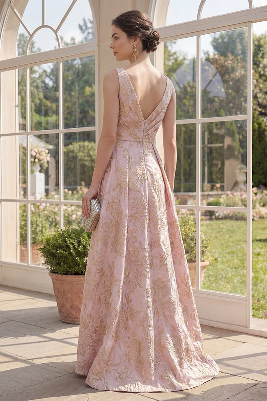 V-Neck Ruched High Low A Line Blush Jacquard Floral Wedding Guest Dress