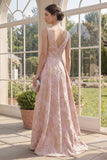 V-Neck Ruched High Low A Line Blush Jacquard Floral Wedding Guest Dress