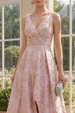 V-Neck Ruched High Low A Line Blush Jacquard Floral Wedding Guest Dress