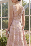V-Neck Ruched High Low A Line Blush Jacquard Floral Wedding Guest Dress