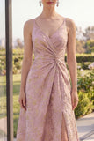 V Neck Long A Line Blush Jacquard Floral Wedding Guest Dress with Slit