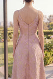V Neck Long A Line Blush Jacquard Floral Wedding Guest Dress with Slit