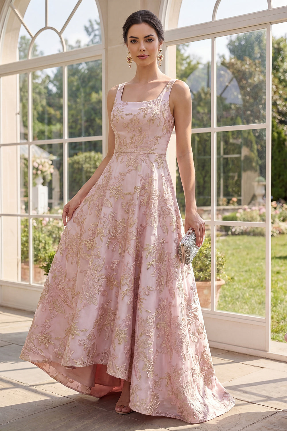 Square Neck Long A Line Blush Jacquard Floral Wedding Guest Dress