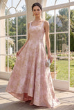 Square Neck Long A Line Blush Jacquard Floral Wedding Guest Dress