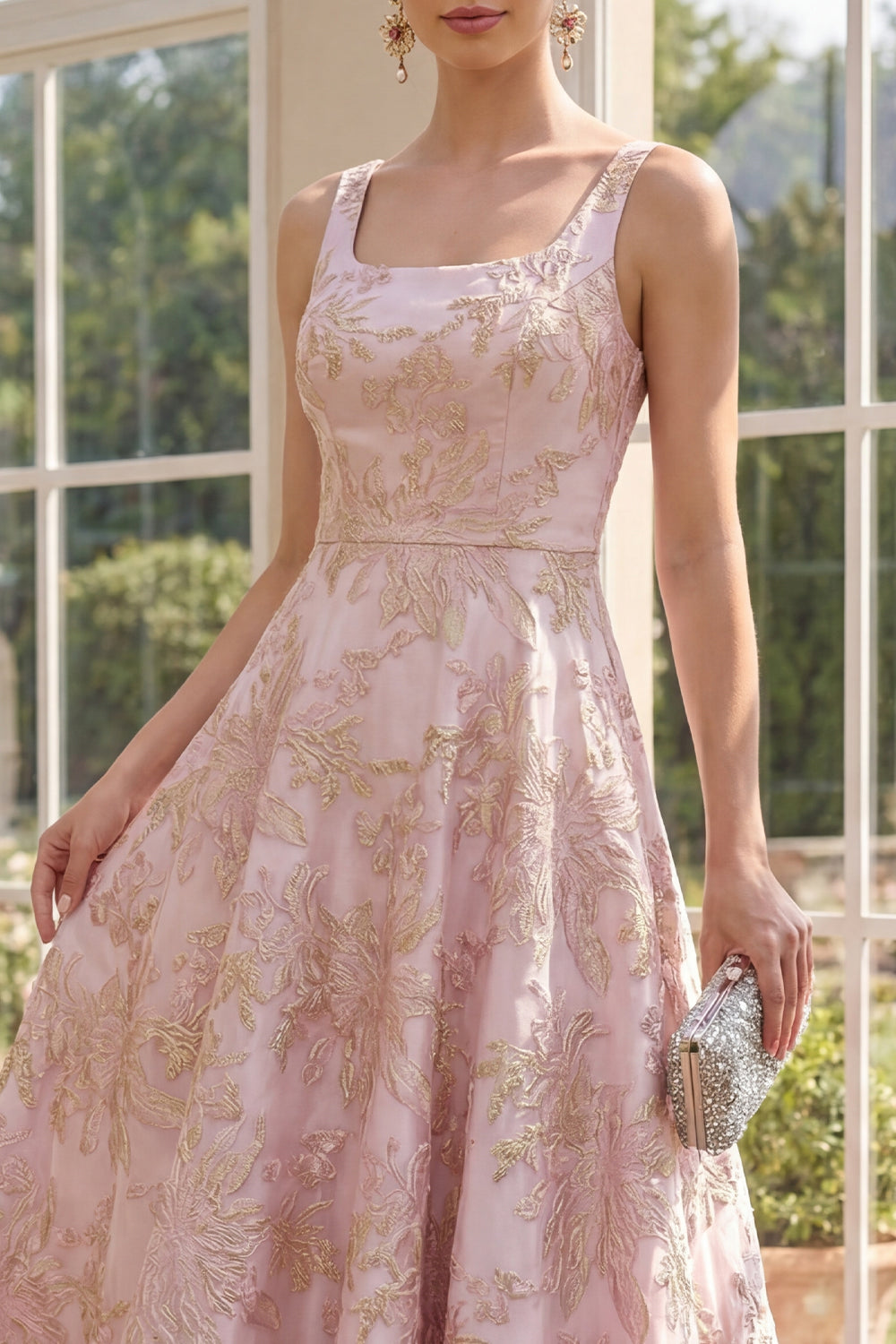 Square Neck Long A Line Blush Jacquard Floral Wedding Guest Dress