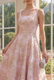 Square Neck Long A Line Blush Jacquard Floral Wedding Guest Dress