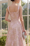 Square Neck Long A Line Blush Jacquard Floral Wedding Guest Dress