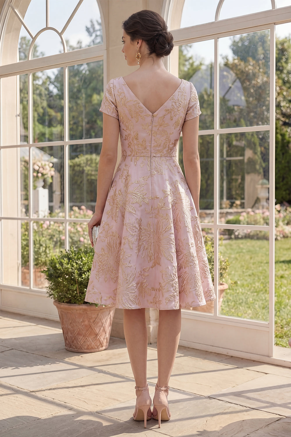 Short Sleeves V-Neck A Line Blush Jacquard Short Floral Wedding Guest Dress