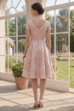 Short Sleeves V-Neck A Line Blush Jacquard Short Floral Wedding Guest Dress